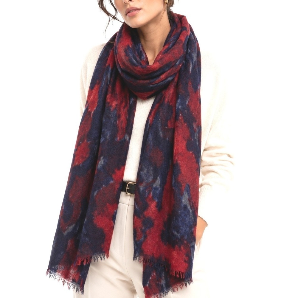Adolfo Dominguez Women's Pashmina Scarf Red Navy Abstract Fringe Wrap Shawl Boho